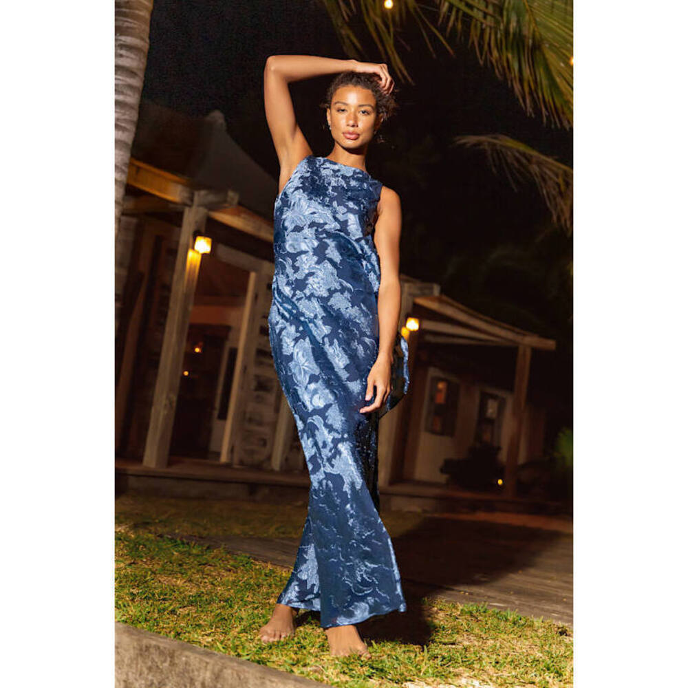 Lulus Narelle Navy Floral Burnout Ruffled Maxi Dress Blue - Size S